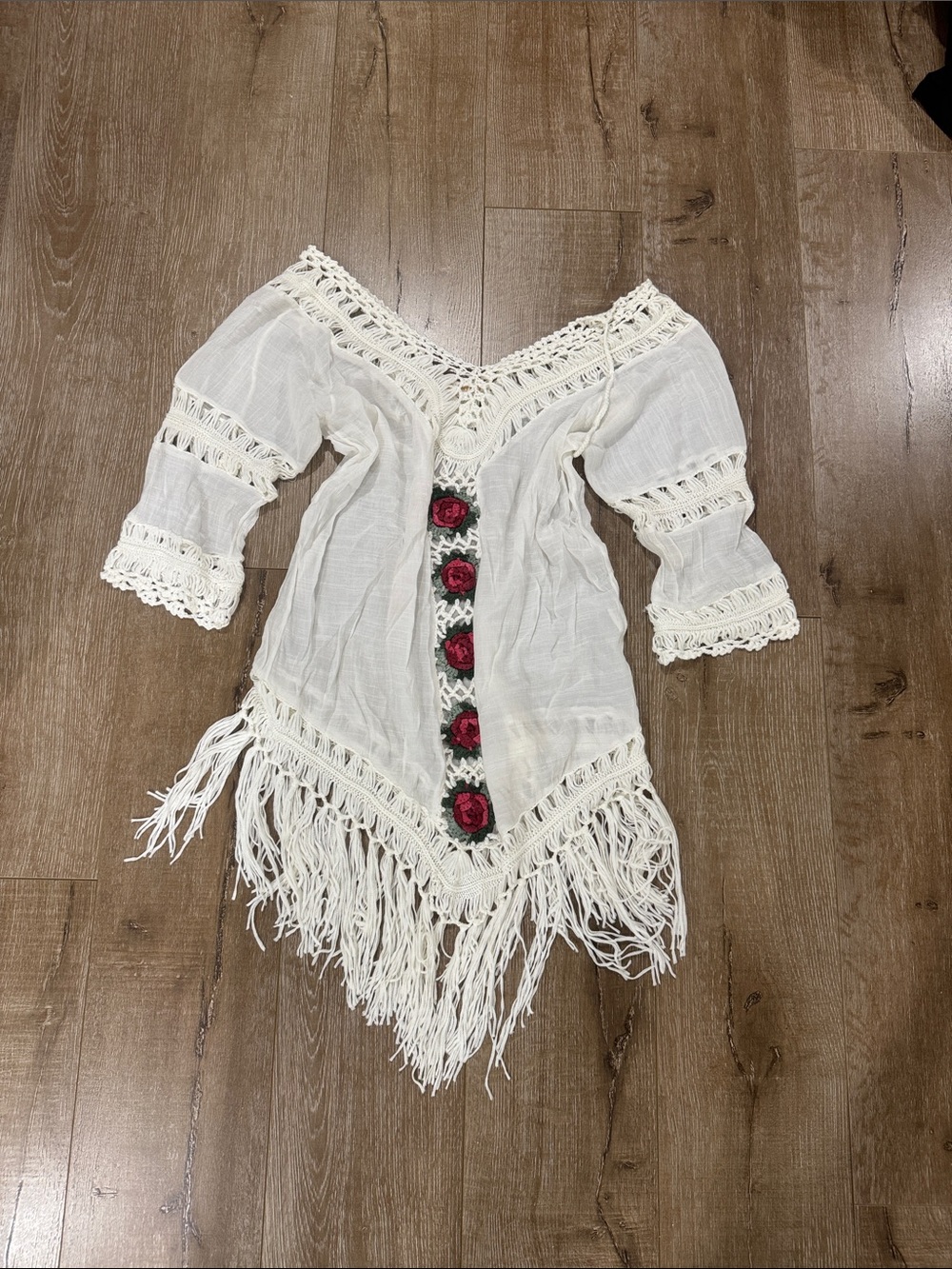 Boho Crochet Fringe Tunic with Rose Embroidery - Cream